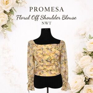 Promesa Floral Off Shoulder Blouse Yellow Purple Smocked Back Ruffle Cuff NWT S